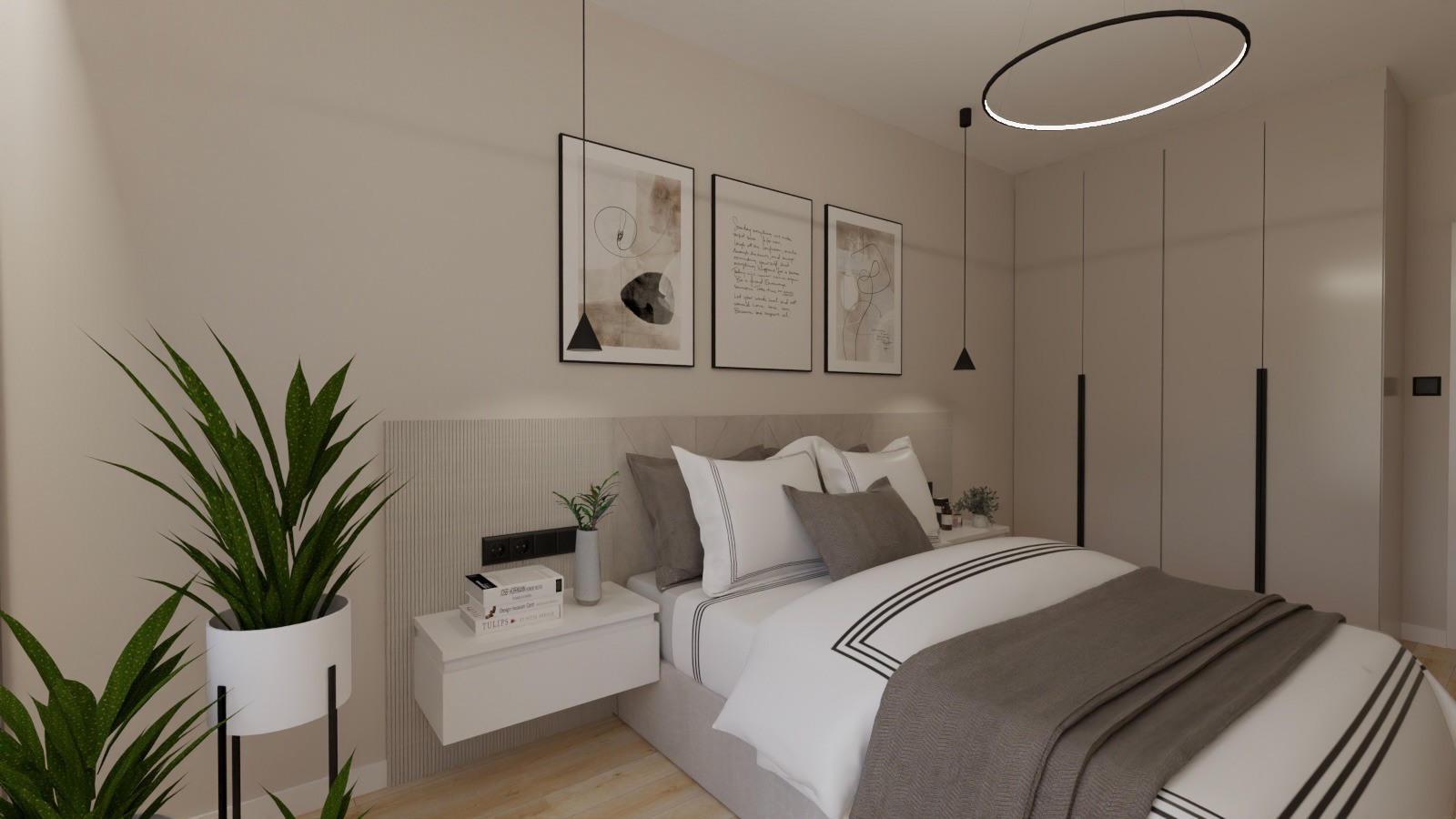 Nowoczesna sypialnia z minimalistycznym oświetleniem, roślinami w donicach i trzema obrazami w czarnych ramkach nad wezgłowiem łóżka. Widoczna szafa w zabudowie.