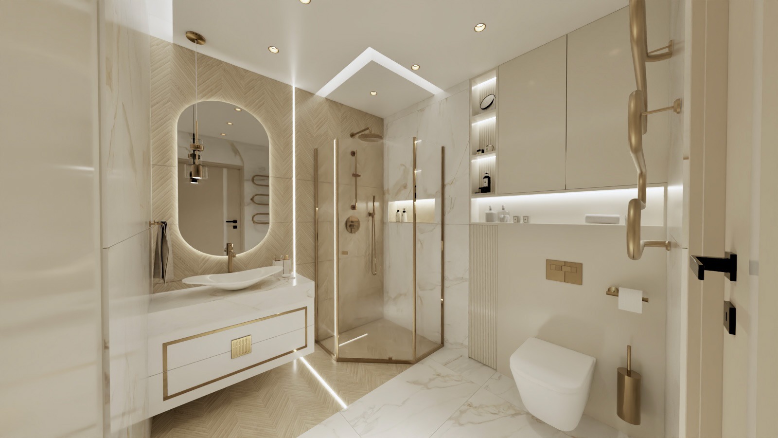 Elegancka łazienka w beżach i bieli: kabina prysznicowa ze złotymi detalami, umywalka na szafce z ozdobnymi uchwytami, lustro z podświetleniem LED, złote akcenty.