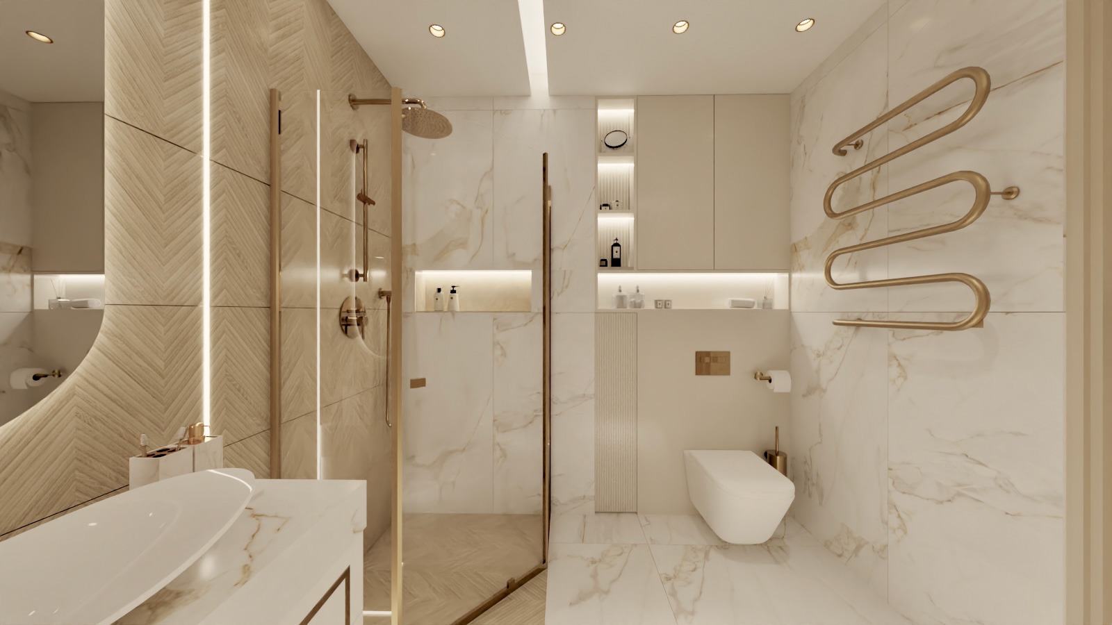 Elegancka łazienka z marmurowymi płytkami, złotymi akcentami i nowoczesnym oświetleniem. Kabina prysznicowa typu walk-in, umywalka nablatowa i designerski grzejnik.