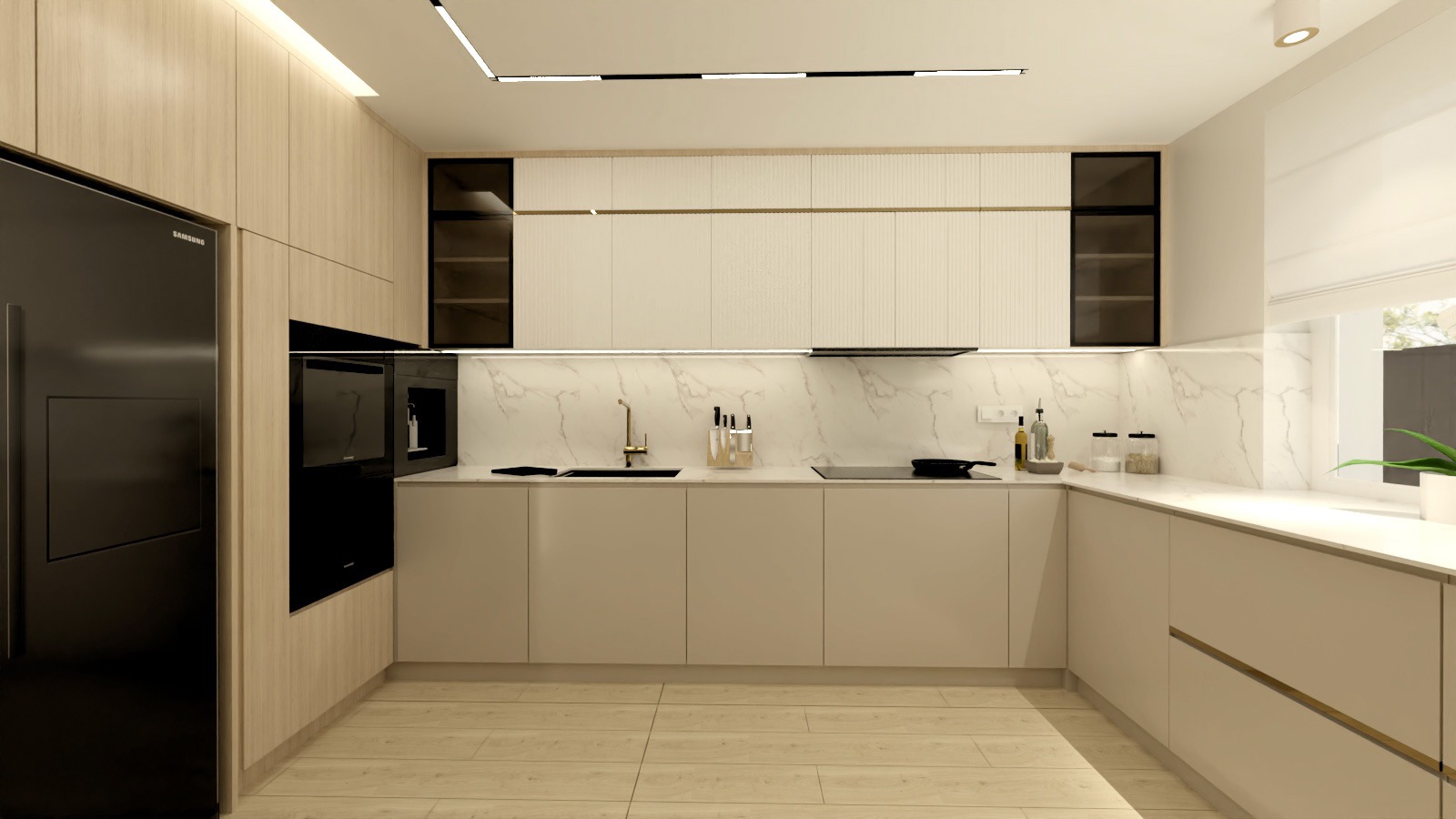 Nowoczesna kuchnia z zabudową w odcieniach beżu i bieli, z marmurowym blatem i czarnymi akcentami. Widoczna lodówka Samsung i wbudowany piekarnik.