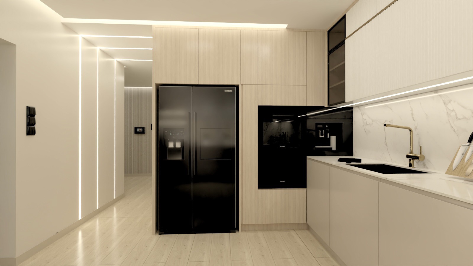 Nowoczesna kuchnia z zabudową w jasnym drewnie, czarnym sprzętem AGD i marmurowym blatem. Oświetlenie LED podkreśla minimalistyczny design. Widok na korytarz.