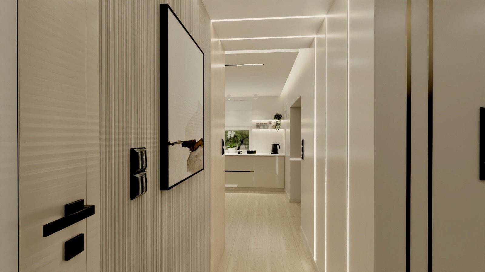 Nowoczesny korytarz z subtelnym oświetleniem LED, minimalistycznym obrazem w czarnej ramie i widokiem na jasną kuchnię. Jasne drewno i proste linie tworzą elegancką przestrzeń.