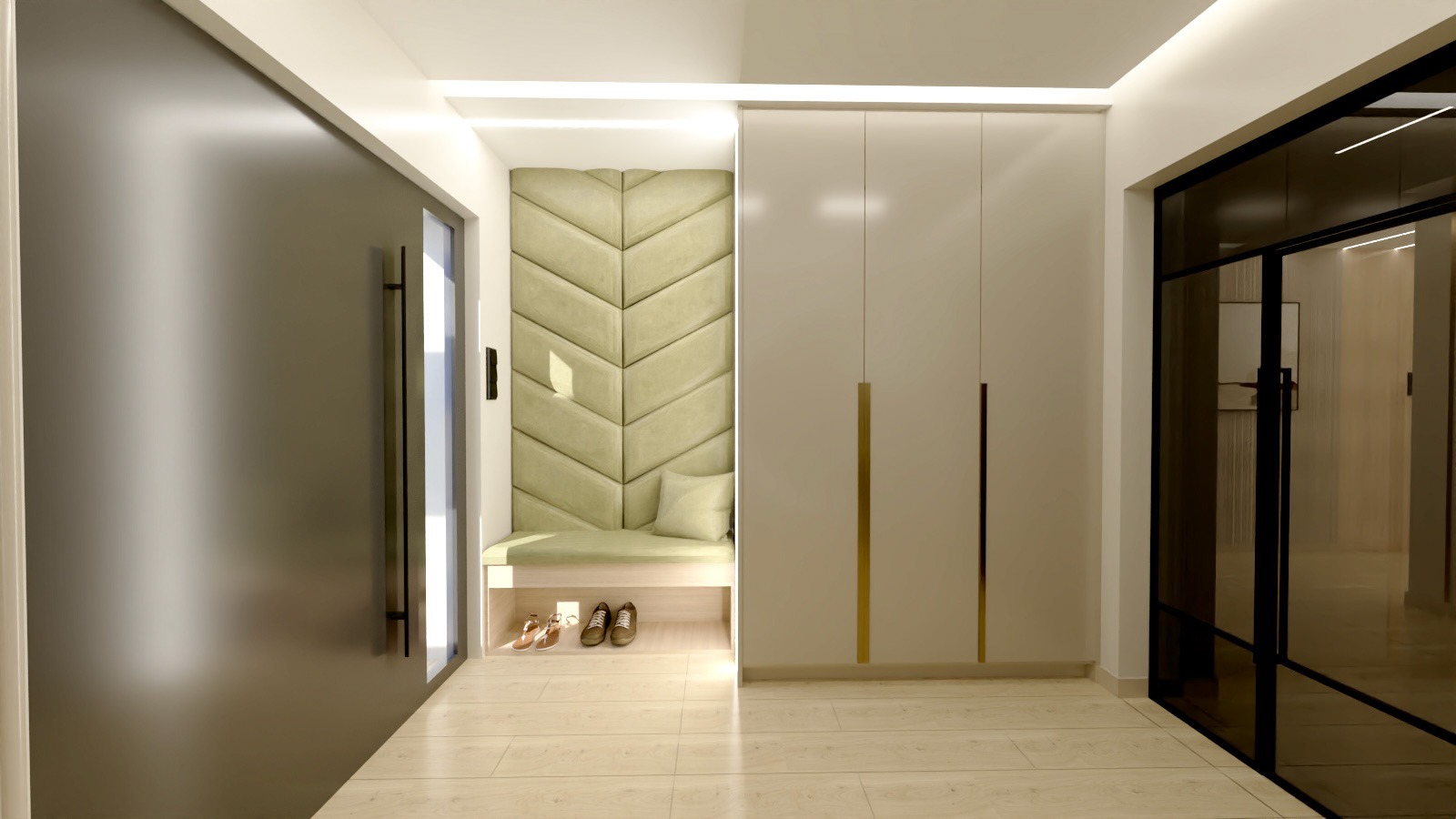 Nowoczesny przedpokój z tapicerowanym siedziskiem w kształcie strzały, szafą w zabudowie z złotymi uchwytami i szklanymi drzwiami. Buty pod siedziskiem.