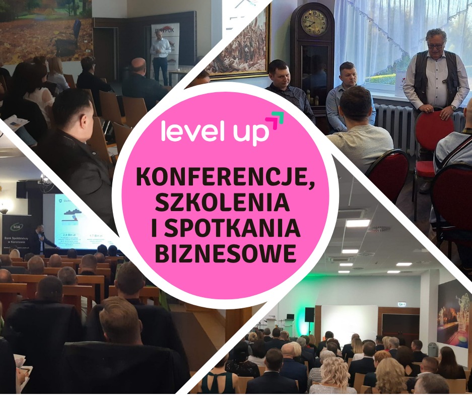 Mozaika zdjęć z konferencji i szkoleń biznesowych, z logo 'level up' na różowym tle. Widoczni prelegenci, uczestnicy i sale konferencyjne.