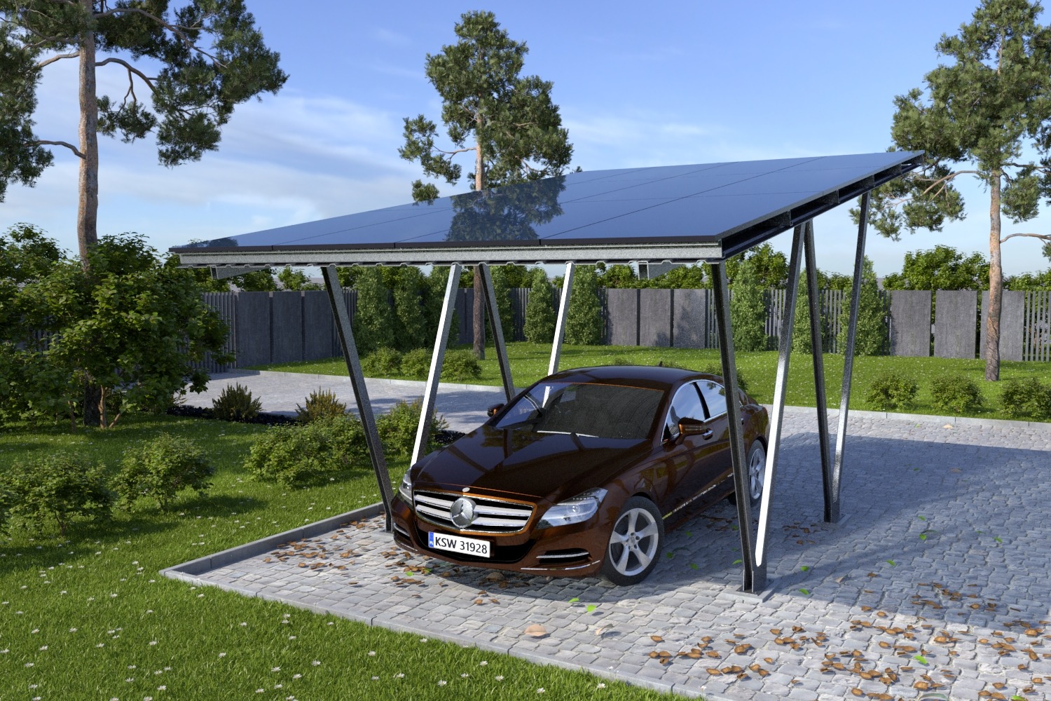 Brązowy samochód pod wiatą fotowoltaiczną na posesji. Nowoczesny design z panelami słonecznymi. Zadbany trawnik i kostka brukowa. Realizacja montażu fotowoltaiki.