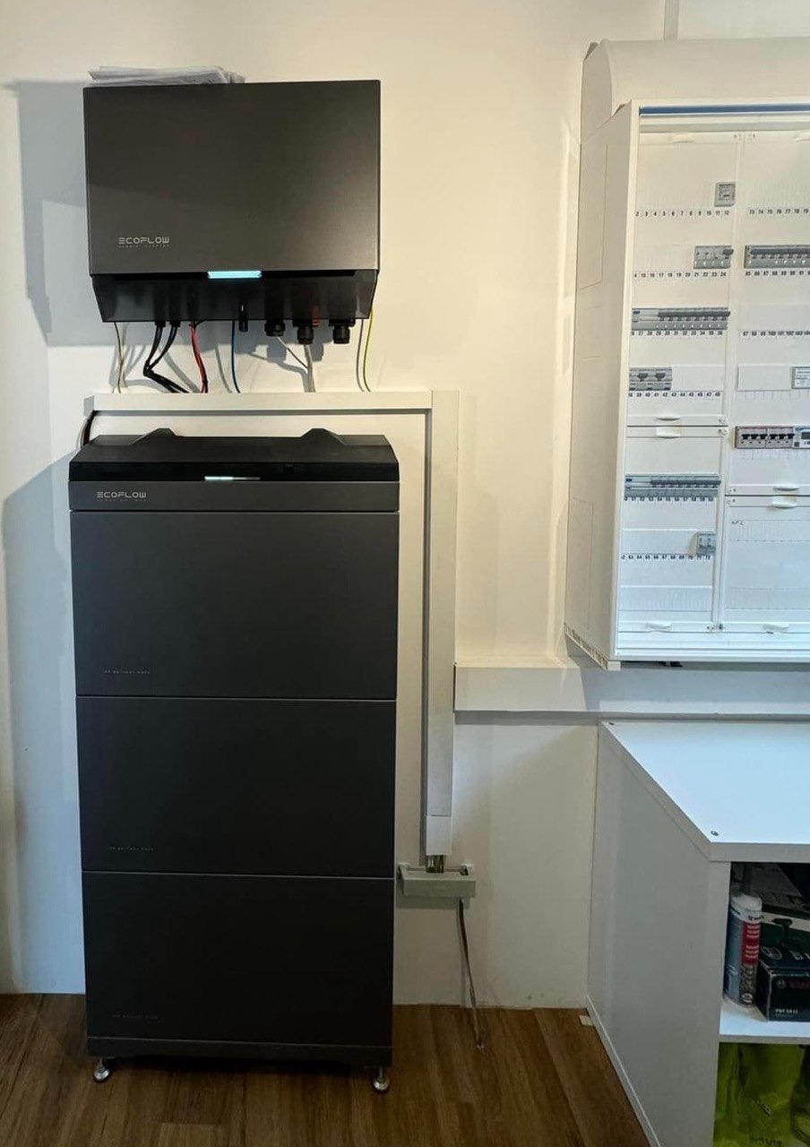 Instalacja domowej baterii energii EcoFlow z podłączonymi przewodami, obok skrzynka bezpiecznikowa. Element systemu fotowoltaicznego w pomieszczeniu.