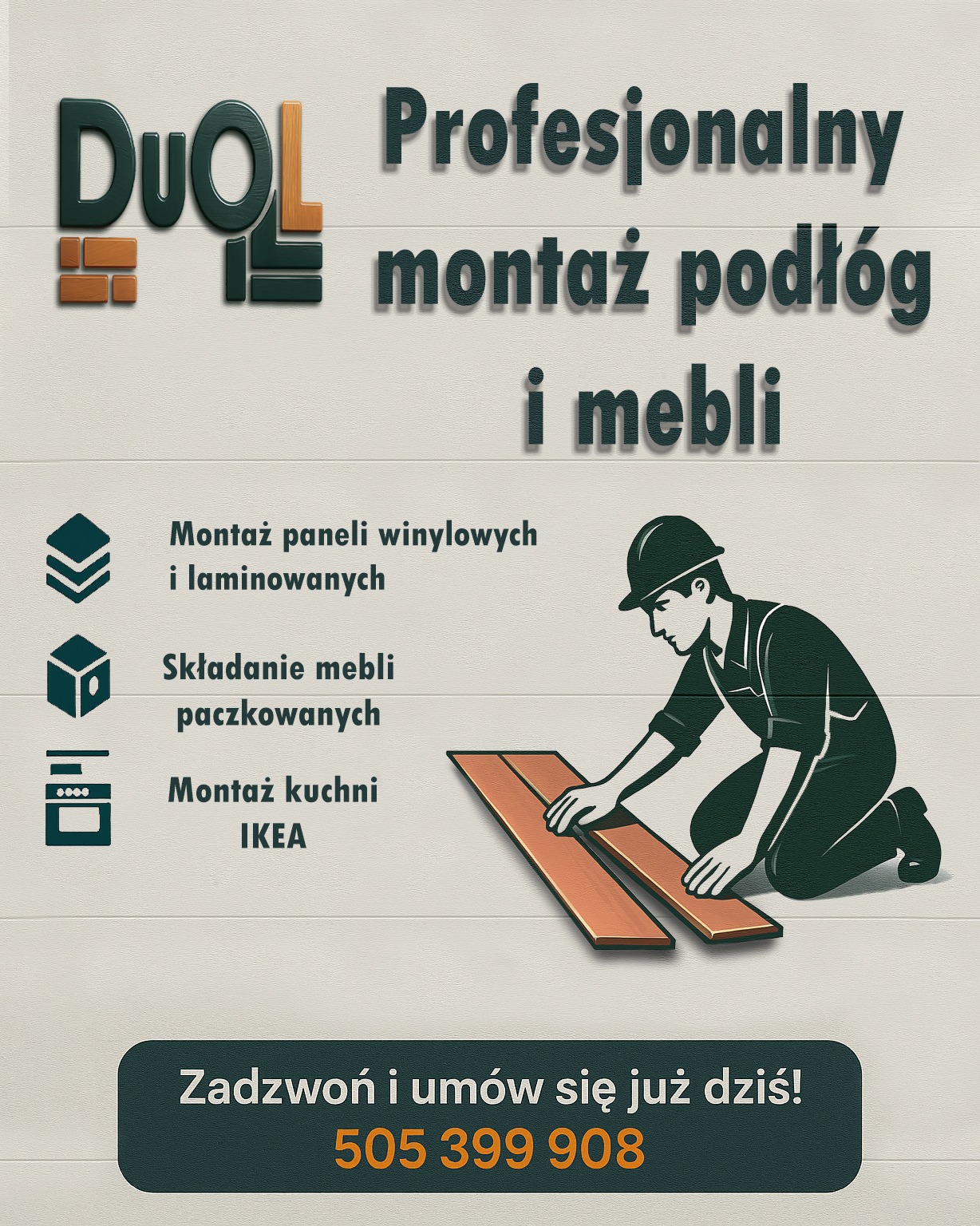 Grafika reklamowa: Profesjonalny montaż podłóg i mebli, montaż paneli winylowych, składanie mebli paczkowanych, montaż kuchni IKEA. Zadzwoń i umów się!