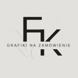 Minimalistyczne logo 'FK' z napisem 'Grafiki na zamówienie' na jasnym tle, otoczone subtelnym, okrągłym ornamentem i delikatnymi, roślinnymi elementami.