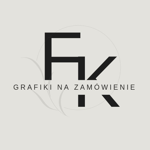 Minimalistyczne logo 'FK' z napisem 'Grafiki na zamówienie' na jasnym tle, otoczone subtelnym, okrągłym ornamentem i delikatnymi, roślinnymi elementami.