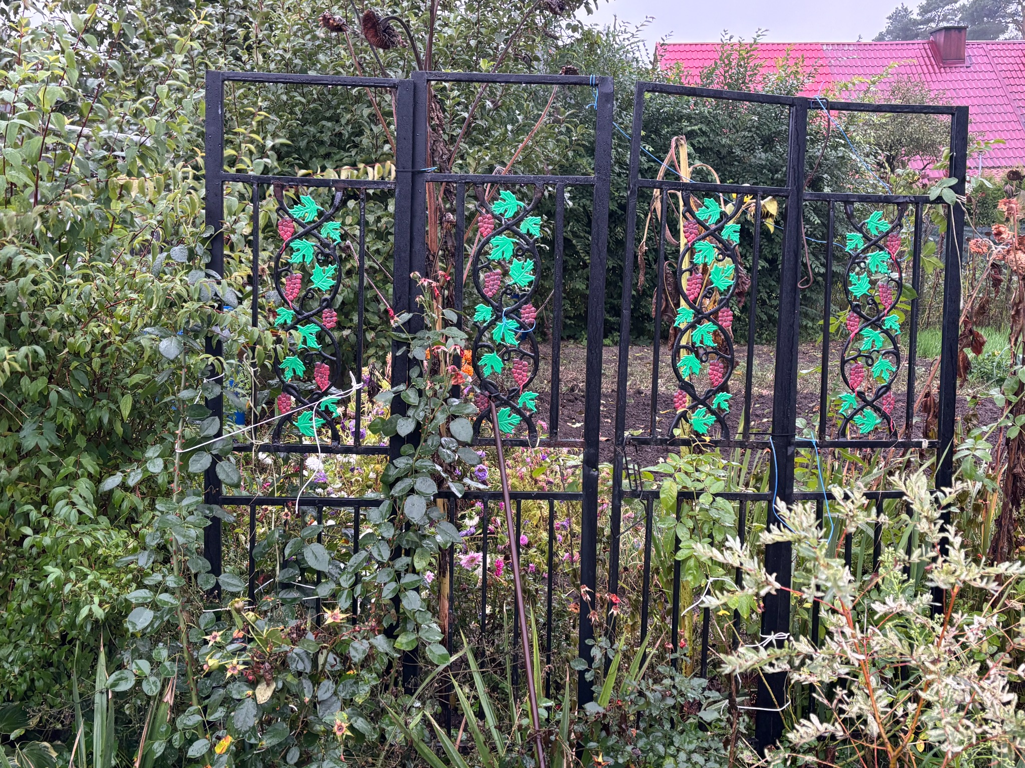 Czarny metalowy płotek z dekoracyjnymi elementami winogron i liści, otoczony zielenią ogrodu, z fragmentem różowego dachu w tle. Ujęcie z bliska.