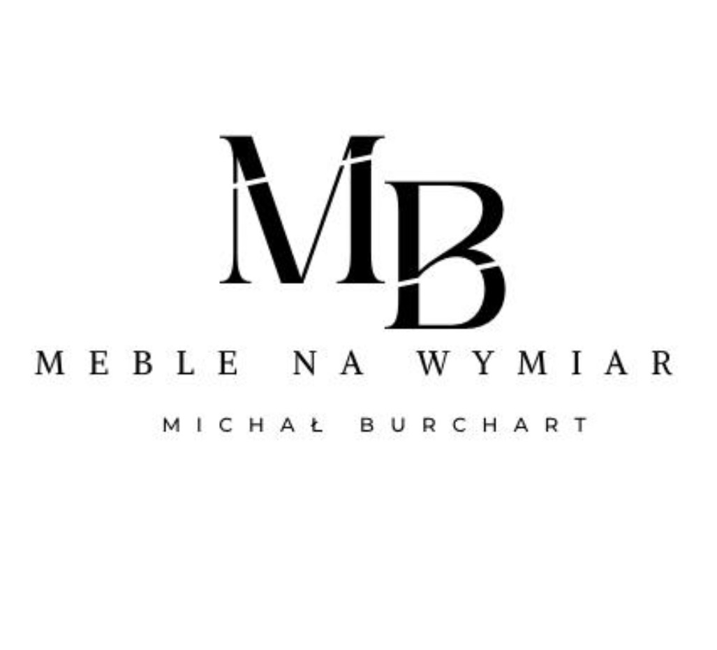 Eleganckie logo firmy 'Meble na Wymiar Michał Burchart' w czerni na białym tle. Minimalistyczny design z inicjałami 'MB' i nazwą firmy.