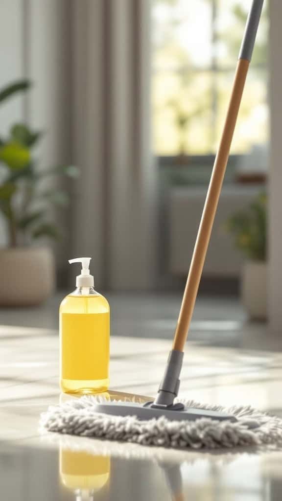 Mop z bawełnianą nakładką i butelka z żółtym płynem do czyszczenia na błyszczącej podłodze, w tle okno i rośliny doniczkowe.