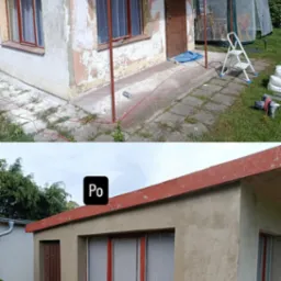 Zdjęcie 'przed i po' prezentujące renowację elewacji budynku gospodarczego z czerwonym dachem. Widoczne zmiany w tynku i odświeżone ramy okienne.