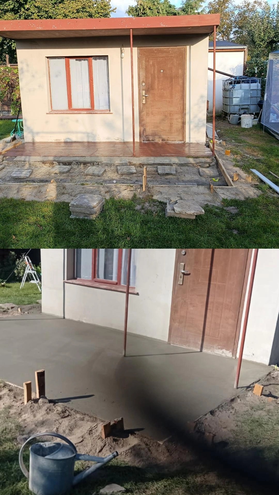 Dwa ujęcia: przygotowanie podłoża z kamieni i siatki oraz wylany beton przed domkiem letniskowym, widoczne detale wykończeniowe i narzędzia ogrodnicze.