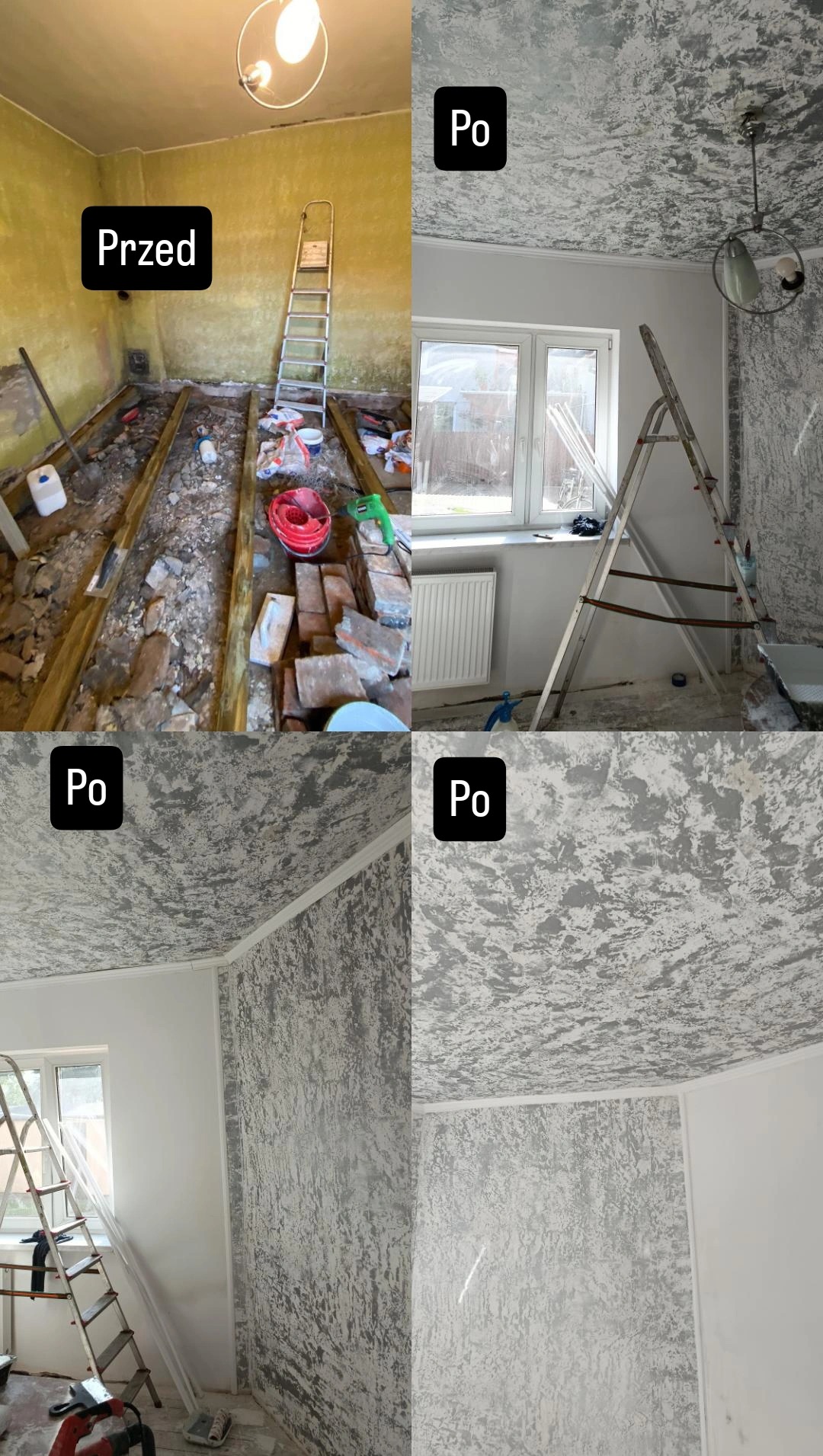 Remont pokoju: stan surowy (przed) i wykończone ściany z efektem dekoracyjnym (po); widoczna drabina i narzędzia malarskie.
