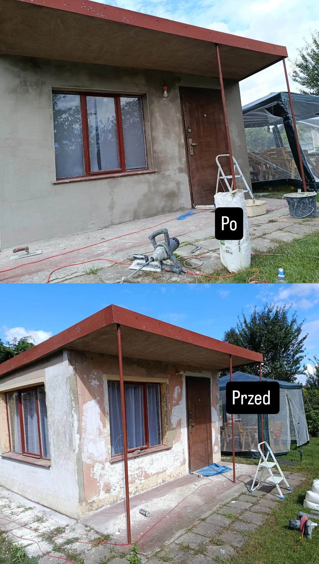 Porównanie 'przed' i 'po' remontu elewacji budynku z czerwonym zadaszeniem, ukazujące zmiany w wyglądzie ścian i otoczenia.