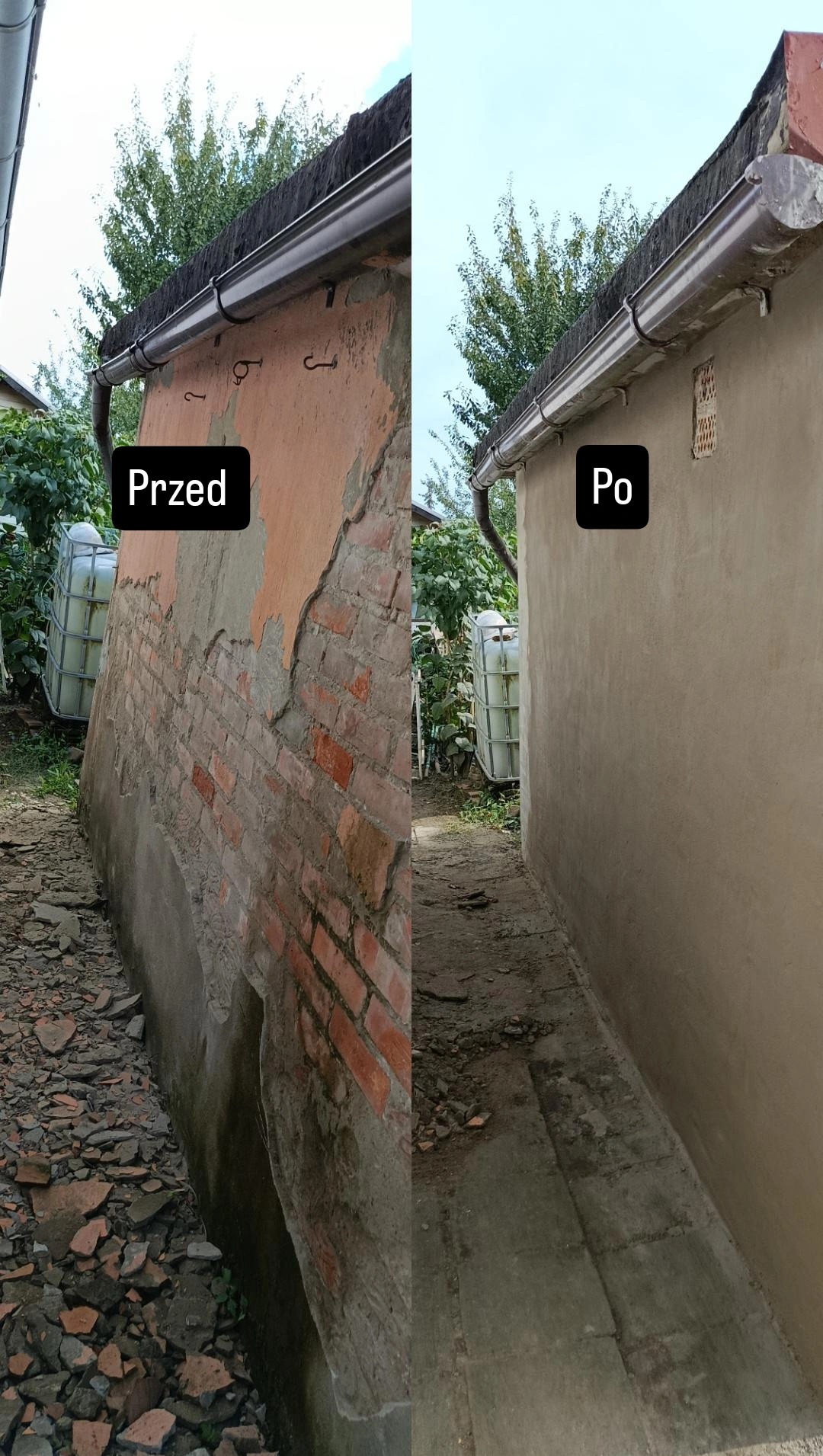 Zdjęcie 'Przed i Po' prezentuje odnowioną ścianę budynku z nowym tynkiem, widoczne rury spustowe. Po lewej stronie stara, zniszczona ściana z cegły, po prawej gładka, otynkowana.