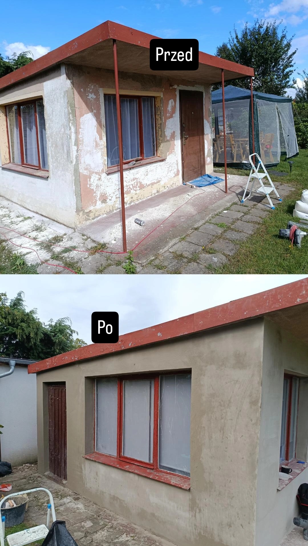 Zdjęcie 'przed i po' prezentujące renowację elewacji budynku gospodarczego z czerwonym dachem. Widoczne zmiany w tynku i odświeżone ramy okienne.