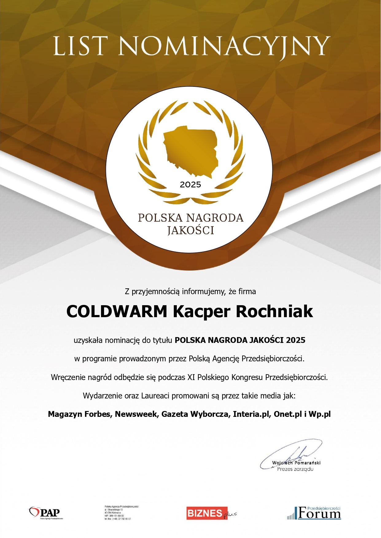 List nominacyjny firmy COLDWARM Kacper Rochniak do Polskiej Nagrody Jakości 2025. Logo nagrody z mapą Polski w złotym wieńcu. Informacja o programie Polskiej Agencji Przedsiębiorczości.
