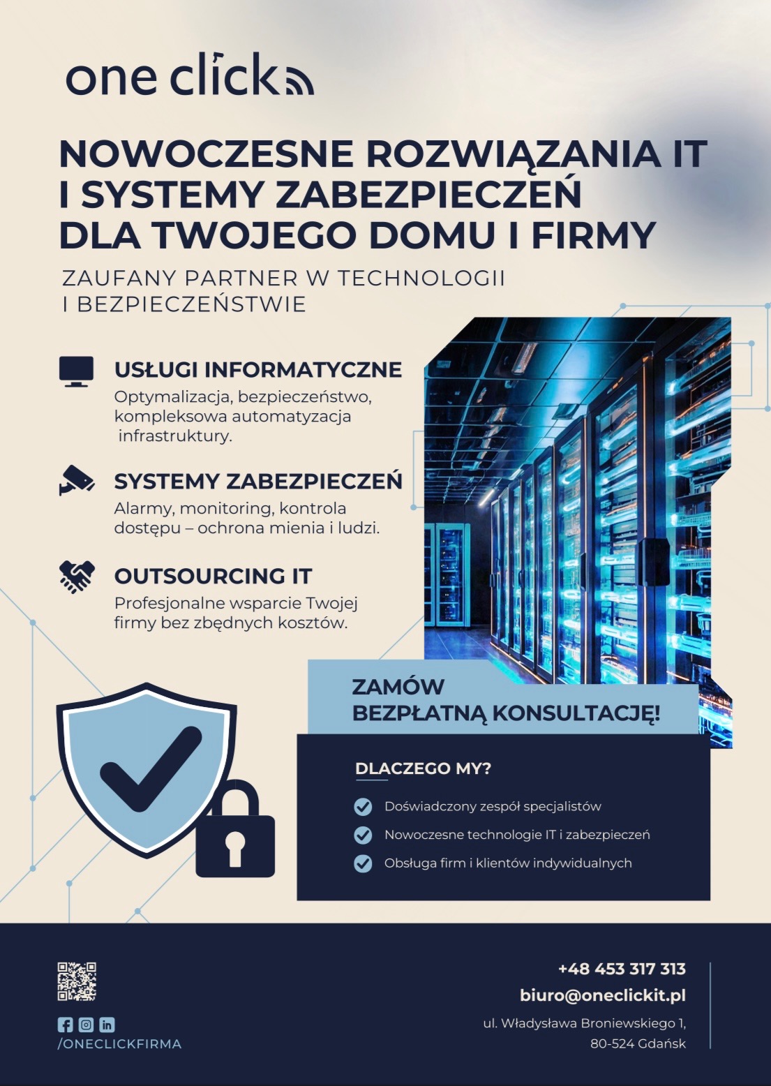 Baner reklamowy firmy IT oferującej nowoczesne rozwiązania i systemy zabezpieczeń dla domu i firmy, z naciskiem na usługi informatyczne i outsourcing IT.