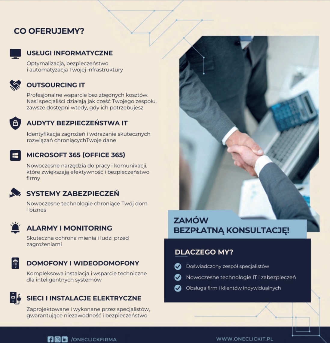 Grafika reklamowa firmy IT: uścisk dłoni nad laptopem, oferta usług informatycznych, outsourcingu, audytów bezpieczeństwa, systemów zabezpieczeń i darmowej konsultacji.