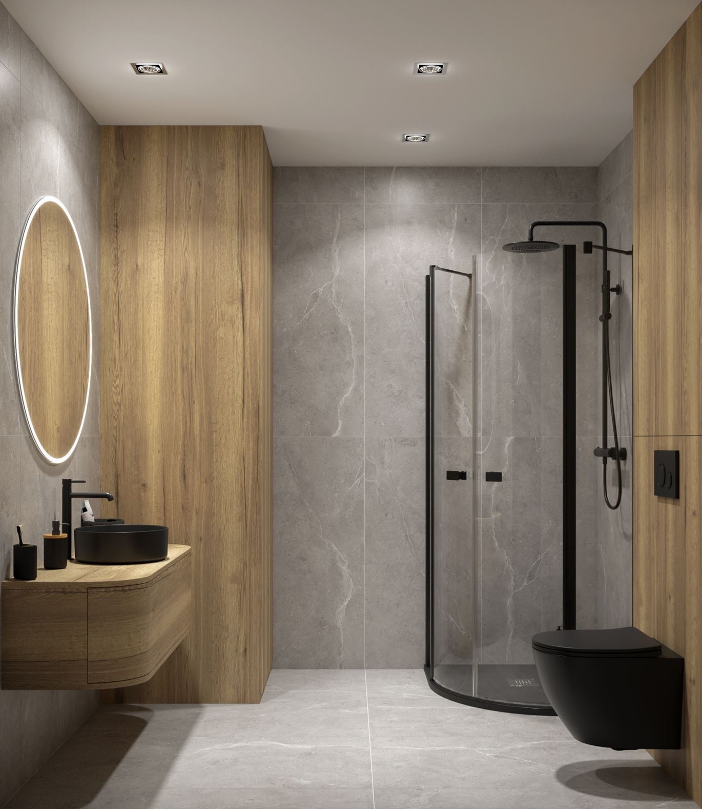 Nowoczesna łazienka z szarą płytką, drewnianymi akcentami i czarną armaturą. Umywalka nablatowa, owalne lustro z podświetleniem LED i kabina prysznicowa typu walk-in.