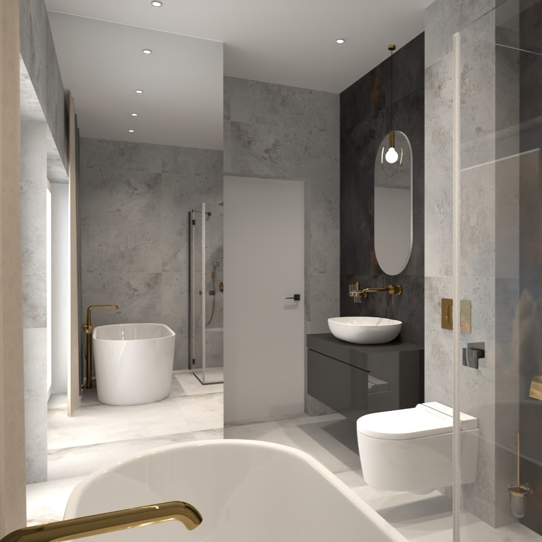 Nowoczesna łazienka z wolnostojącą wanną, szarą umywalką nablatową i kabiną prysznicową. Elementy złote dodają elegancji. Minimalistyczny design.