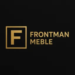 Złoty logotyp 'FRONTMAN MEBLE' z literą 'F' w kwadracie na czarnym, teksturowanym tle. Minimalistyczny design, elegancki font.