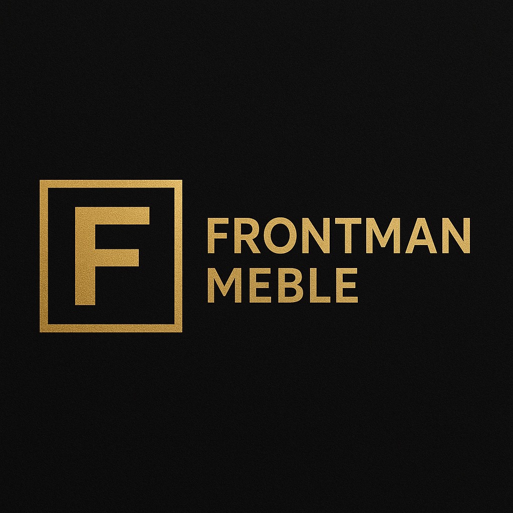 Złoty logotyp 'FRONTMAN MEBLE' z literą 'F' w kwadracie na czarnym, teksturowanym tle. Minimalistyczny design, elegancki font.
