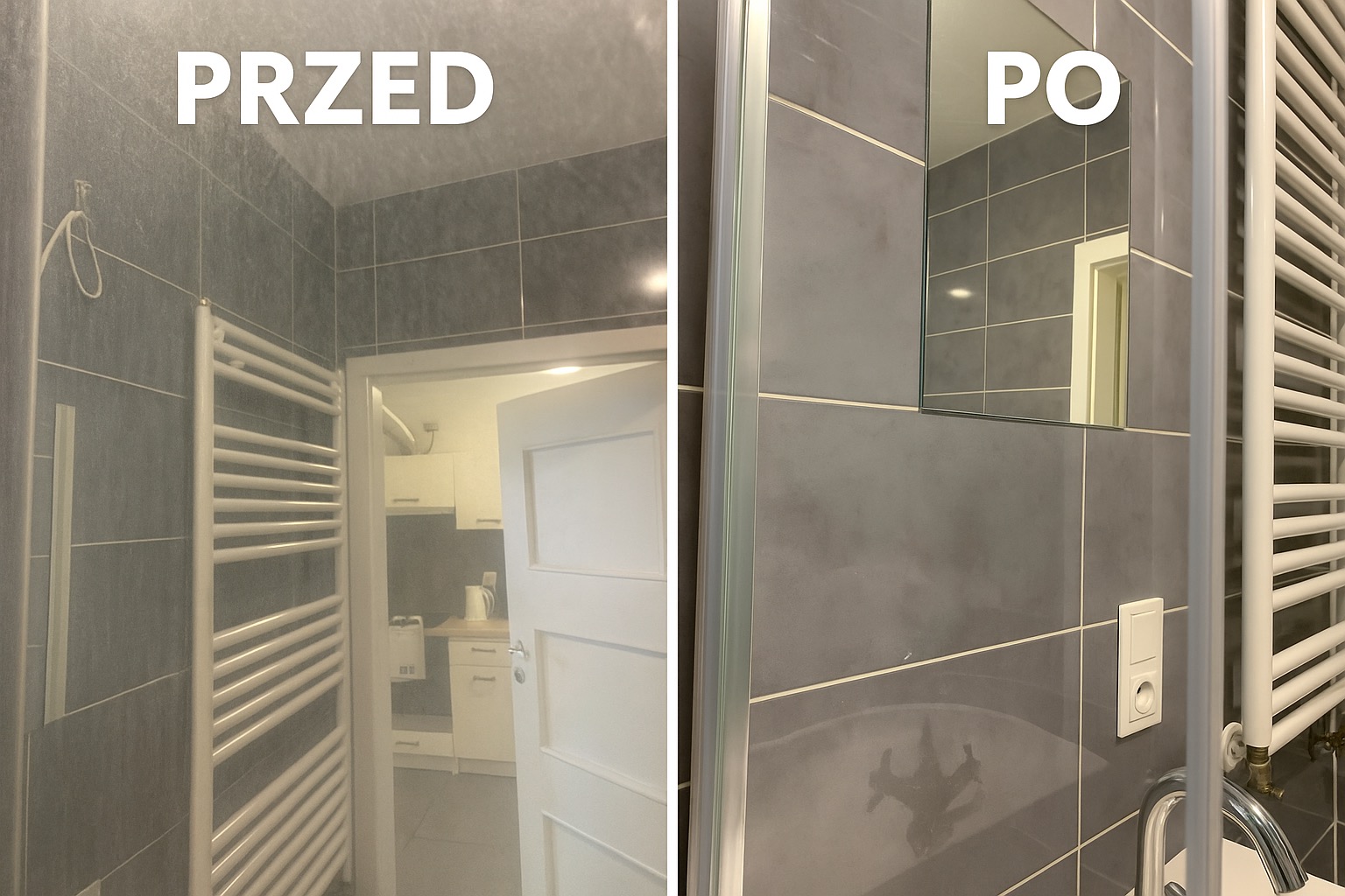 Zdjęcie łazienki przed i po czyszczeniu, widoczne szare płytki, grzejnik drabinkowy oraz fragment kuchni w odbiciu lustra. Ujęcie z bliska, kontrastujące stany.