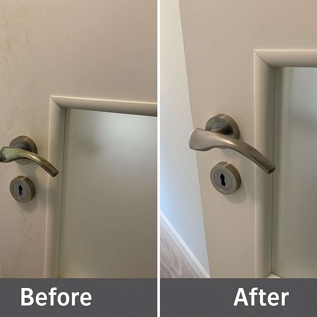 Białe drzwi przed i po czyszczeniu, widoczne zabrudzenia i odświeżony wygląd klamki oraz powierzchni drzwi. Porównanie stanu przed i po usłudze.