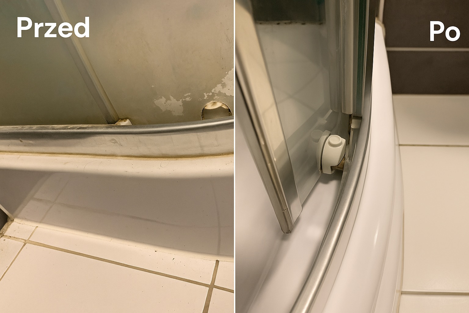 Kabina prysznicowa: porównanie stanu przed i po czyszczeniu. Widoczne osady i kamień usunięte z białych elementów, podkreślone czyste fugi i błyszcząca powierzchnia.