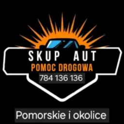 Grafika: 'Skup Aut Pomoc Drogowa' z numerem telefonu na czarnym tle, stylizowany samochód i napis 'Pomorskie i okolice'.