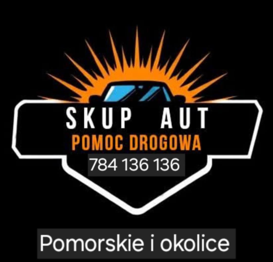 Grafika: 'Skup Aut Pomoc Drogowa' z numerem telefonu na czarnym tle, stylizowany samochód i napis 'Pomorskie i okolice'.