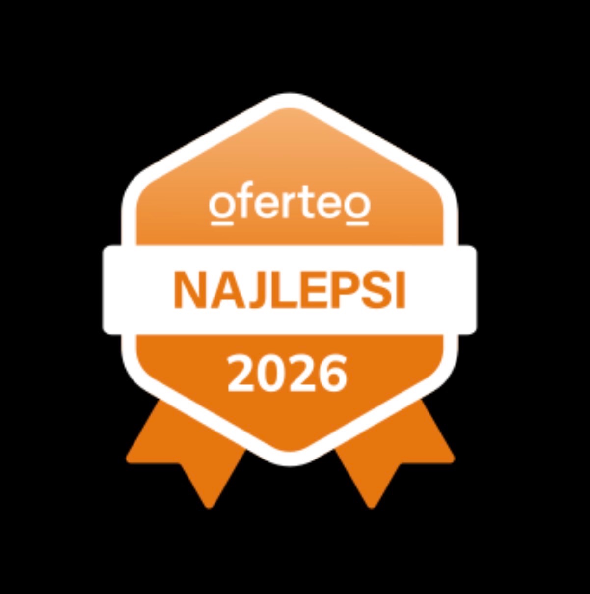 Pomarańczowa odznaka Oferteo 'Najlepsi 2026' na czarnym tle. Grafika wyróżniająca firmę w serwisie Oferteo w roku 2026.