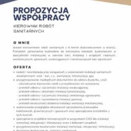 Oferta kierownika robót sanitarnych: nadzór, koordynacja, dokumentacja, przeglądy, projekty CAD instalacji (woda, CO, wentylacja, klimatyzacja, gaz), kosztorysy, doradztwo.