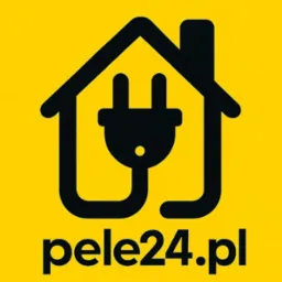 Czarny logotyp w kształcie domu z wtyczką na żółtym tle, poniżej napis 'pele24.pl'. Grafika prosta, nowoczesna, symbolizująca usługi elektryczne.