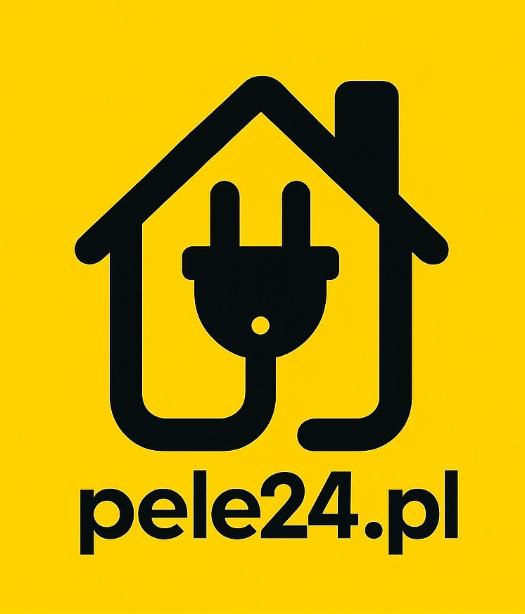 Czarny logotyp w kształcie domu z wtyczką na żółtym tle, poniżej napis 'pele24.pl'. Grafika prosta, nowoczesna, symbolizująca usługi elektryczne.