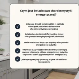 Informacja o świadectwie energetycznym na tle nowoczesnej kuchni. Tekst wyjaśnia obowiązek i korzyści posiadania dokumentu.