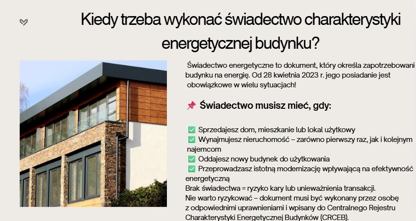 Informacja o konieczności świadectwa energetycznego budynku, z wizualizacją nowoczesnego domu z elementami drewna i kamienia.