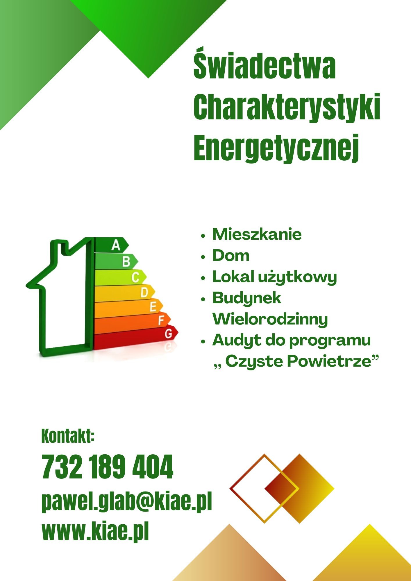 Grafika informacyjna: Świadectwa Charakterystyki Energetycznej budynków (dom, mieszkanie, lokal użytkowy) z kontaktem i wizualizacją klas energetycznych A-G.