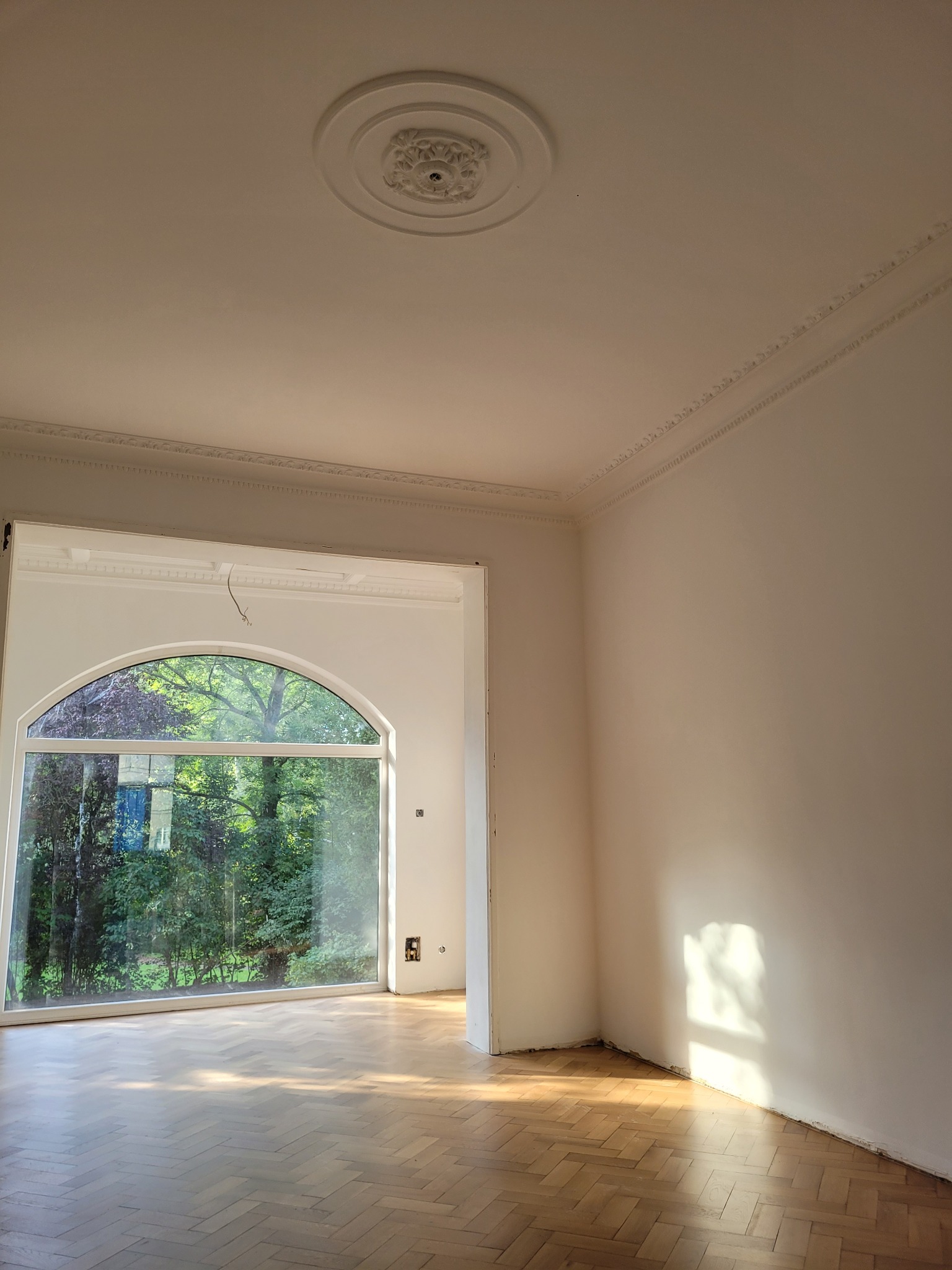 Jasne, odnowione wnętrze z parkietem w jodełkę i dużym, łukowym oknem wychodzącym na zieleń. Dekoracyjny element sufitowy i listwy przypodłogowe.