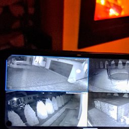 Łukasz Jan - Podgląd z kamer monitoringu na smartfonie: brama garażowa, podwórko, rząd drzew i drewutnia, wszystko w czerni i bieli, datowane. W tle kominek.