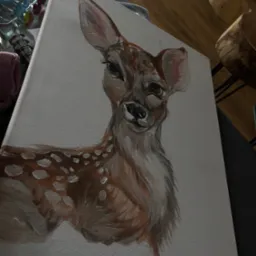 Ręcznie malowany portret sarny na płótnie, ukazujący detale sierści i ekspresję zwierzęcia, w naturalnej tonacji brązów i bieli, ustawiony pod kątem.