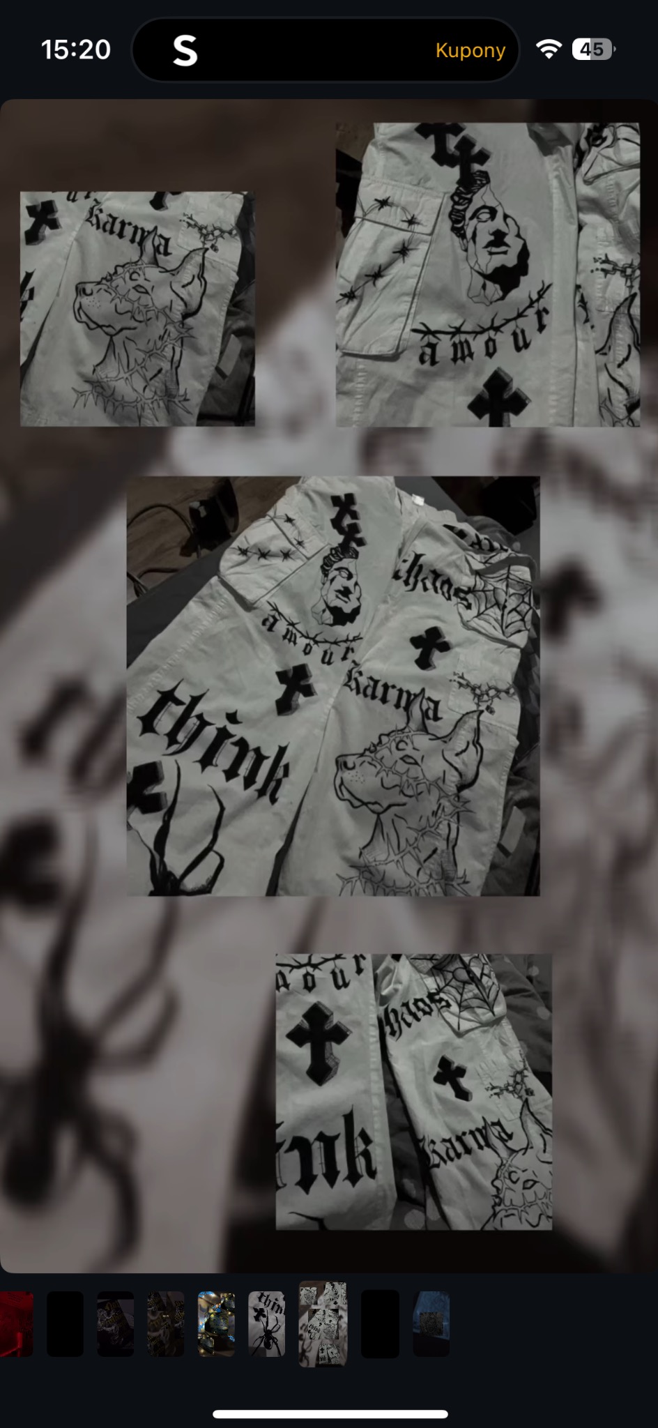 Biała koszula z ręcznie malowanymi, czarnymi grafikami: pies w koronie cierniowej, popiersie, krzyże i napisy 'karma', 'amour', 'think', 'chaos'. Unikatowy design.