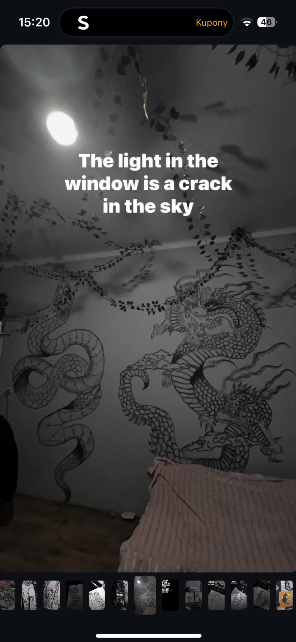 Ręcznie malowany mural na ścianie przedstawia węża i smoka w stylu szkicu, z roślinnymi ornamentami na suficie. Oświetlenie sufitowe. Artystyczny wystrój wnętrza.