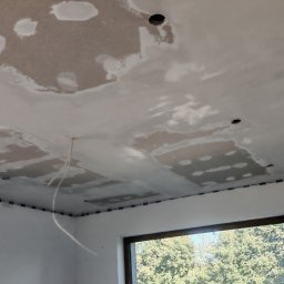 Kamil Gałka - Płyta karton-gips na suficie w trakcie szpachlowania, widoczne łączenia i otwory na oświetlenie. W tle okno z widokiem na zieleń.