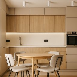 Martitektura Projektowanie i Architektura Wnętrz Marta Bugaj - Jasna, minimalistyczna kuchnia z drewnianymi frontami i okrągłym stołem z krzesłami. Subtelne oświetlenie LED pod szafkami. Nowoczesny design.