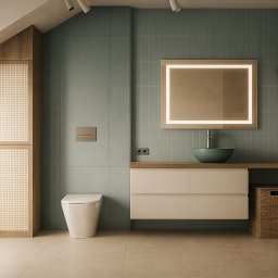 Martitektura Projektowanie i Architektura Wnętrz Marta Bugaj - Stylowa łazienka na poddaszu z turkusowymi płytkami, podświetlanym lustrem i drewnianymi akcentami,  w tym zabudowa z rattanowymi wstawkami.
