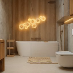 Martitektura Projektowanie i Architektura Wnętrz Marta Bugaj - Nowoczesna łazienka w beżach: drewniana umywalka, wanna z oświetleniem punktowym i minimalistyczna toaleta. Elementy dekoracyjne z drewna dodają ciepła.